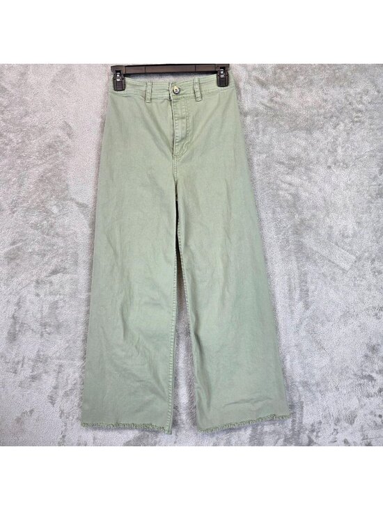 Billabong Pants - Billabong Chino Pants Womens 26 Green Denim Wide Leg Crop Raw Hem Stretch